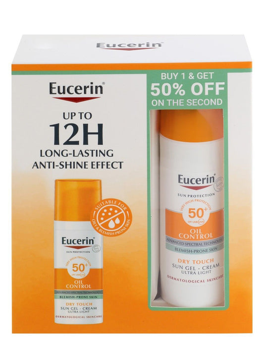 Eucerin Ultra Light Water-Resistant Non-Sticky Dry Touch Oil Controlling Facial Sunscreen Gel Cream for Oil & Blemish Prone Skin SPF50+, 2x50ml - Makkah Pharmacy