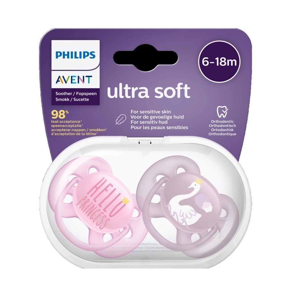 Philips Avent Ultra Soft Pink Orthodontic Pacifiers with Case (6-18 Months), 2 Pieces - Makkah Pharmacy