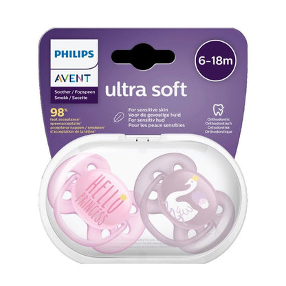 Philips Avent Ultra Soft Pink Orthodontic Pacifiers with Case (6-18 Months), 2 Pieces - Makkah Pharmacy