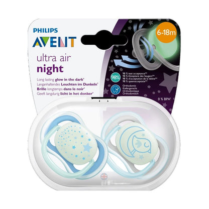 Philips Avent Ultra Air Night Silicon Soother for Boy 6-18 Months, 2 Pieces - Makkah Pharmacy