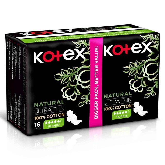 Kotex Hypoallergenic Super Ultra Thin Natural Cotton Sanitary Pads with Wings, 16 Pieces - Makkah Pharmacy