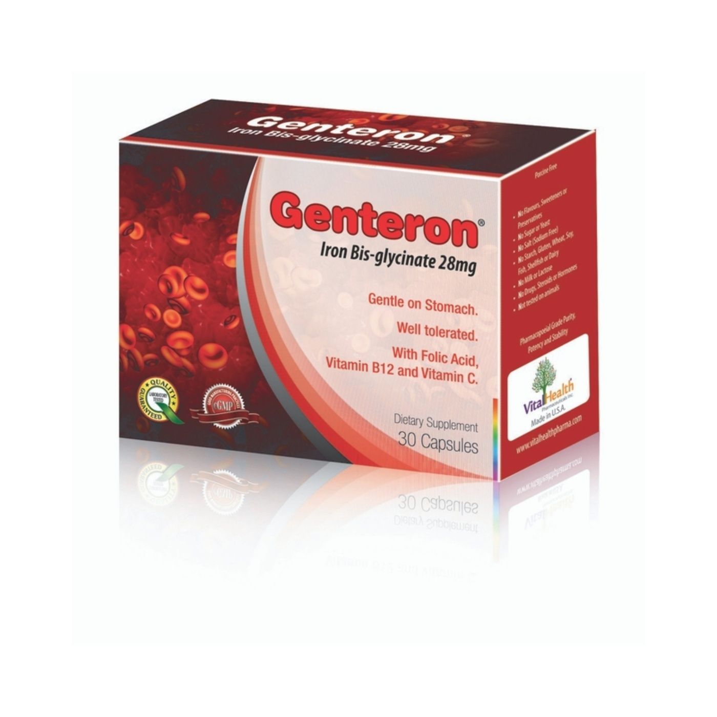 Genteron 28mg Iron Bis-Glycinate Supplement with Folic Acid, Vitamin B12 & Vitamin C - gluten free, wheat free, preservatives free 30 capsules - Makkah Pharmacy