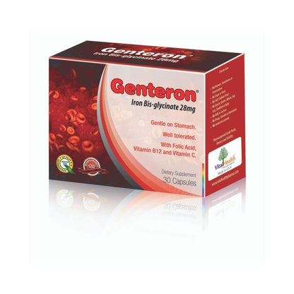 Genteron 28mg Iron Bis-Glycinate Supplement with Folic Acid, Vitamin B12 & Vitamin C - gluten free, wheat free, preservatives free 30 capsules - Makkah Pharmacy