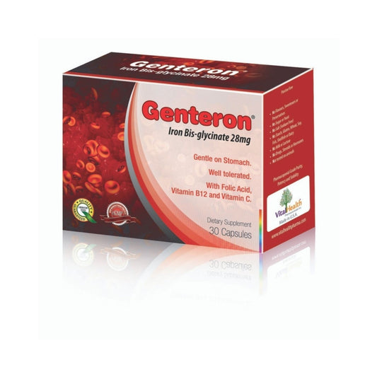 Genteron 28mg Iron Bis-Glycinate Supplement with Folic Acid, Vitamin B12 & Vitamin C - gluten free, wheat free, preservatives free 30 capsules - Makkah Pharmacy