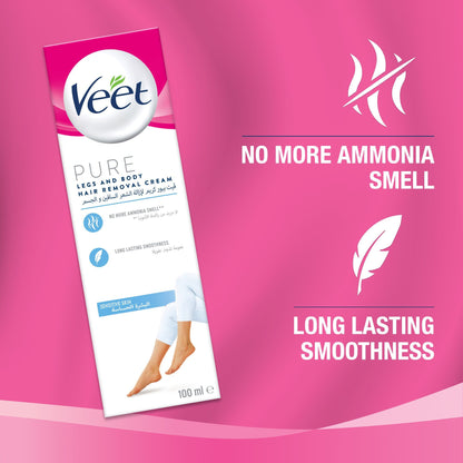 Veet Sensitive Skin Pure Legs & Body Hair Removal Cream, 100ml - Makkah Pharmacy