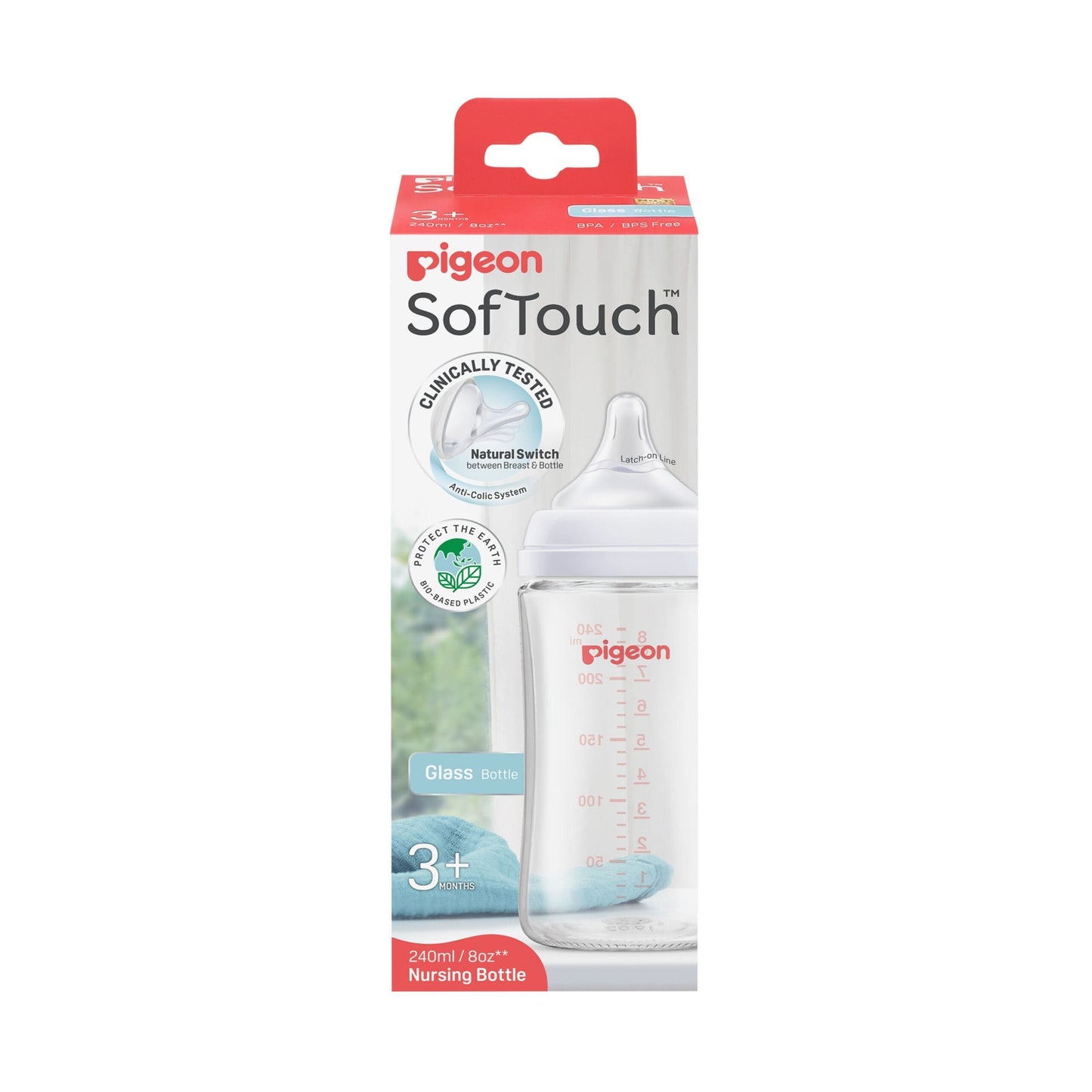 Pigeon SofTouch White 240ml Anti-Colic Medium Flow Glass Nursing Bottle (3+ Months), 1 Piece - Makkah Pharmacy