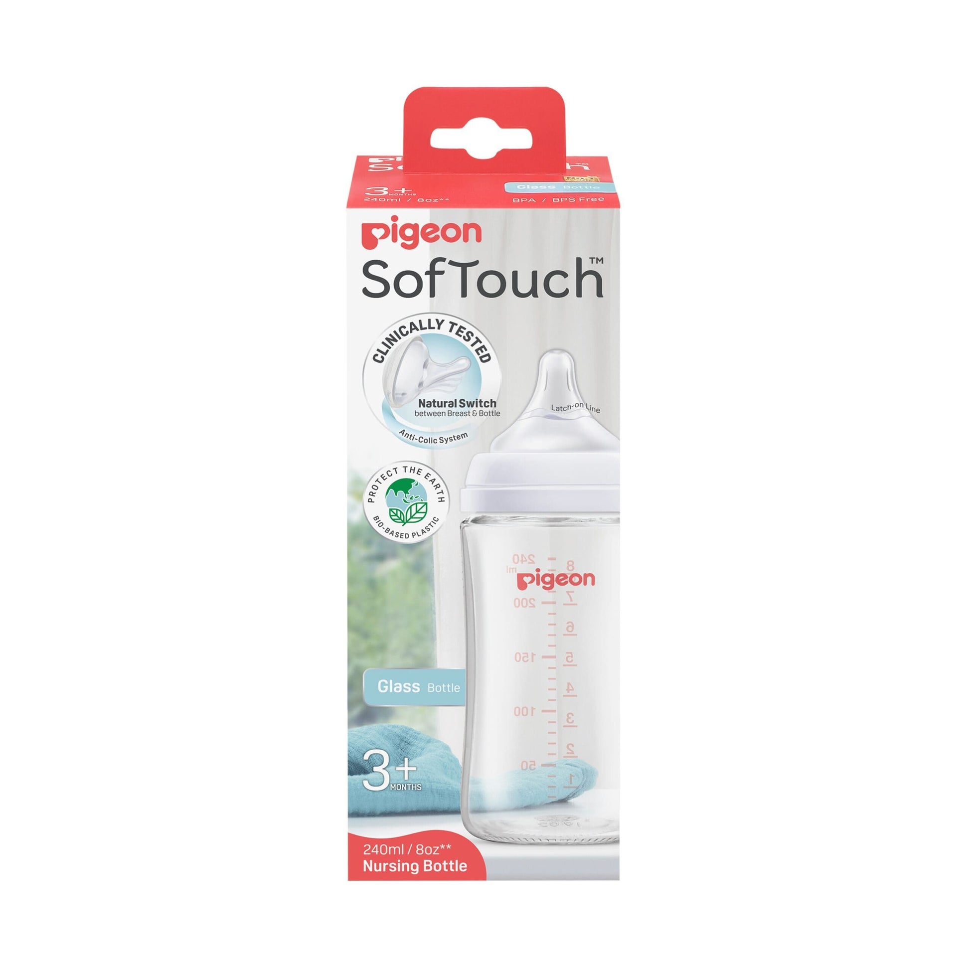 Pigeon SofTouch White 240ml Anti-Colic Medium Flow Glass Nursing Bottle (3+ Months), 1 Piece - Makkah Pharmacy