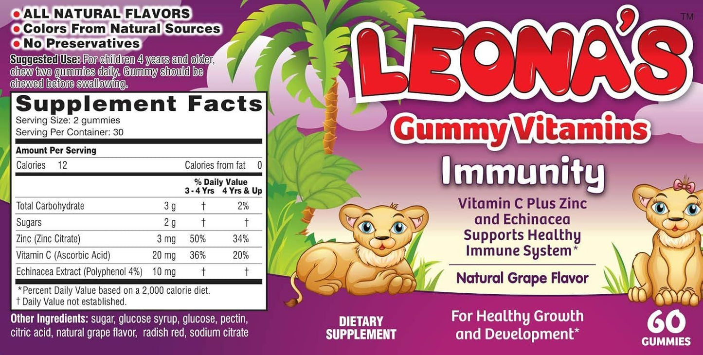 Leona'S Vitamin C Plus Zinc Immunity Dietary Supplement Grape Flavor - Vegetarian, Gelatin Free, No Preservatives Added 60 Gummies - Makkah Pharmacy