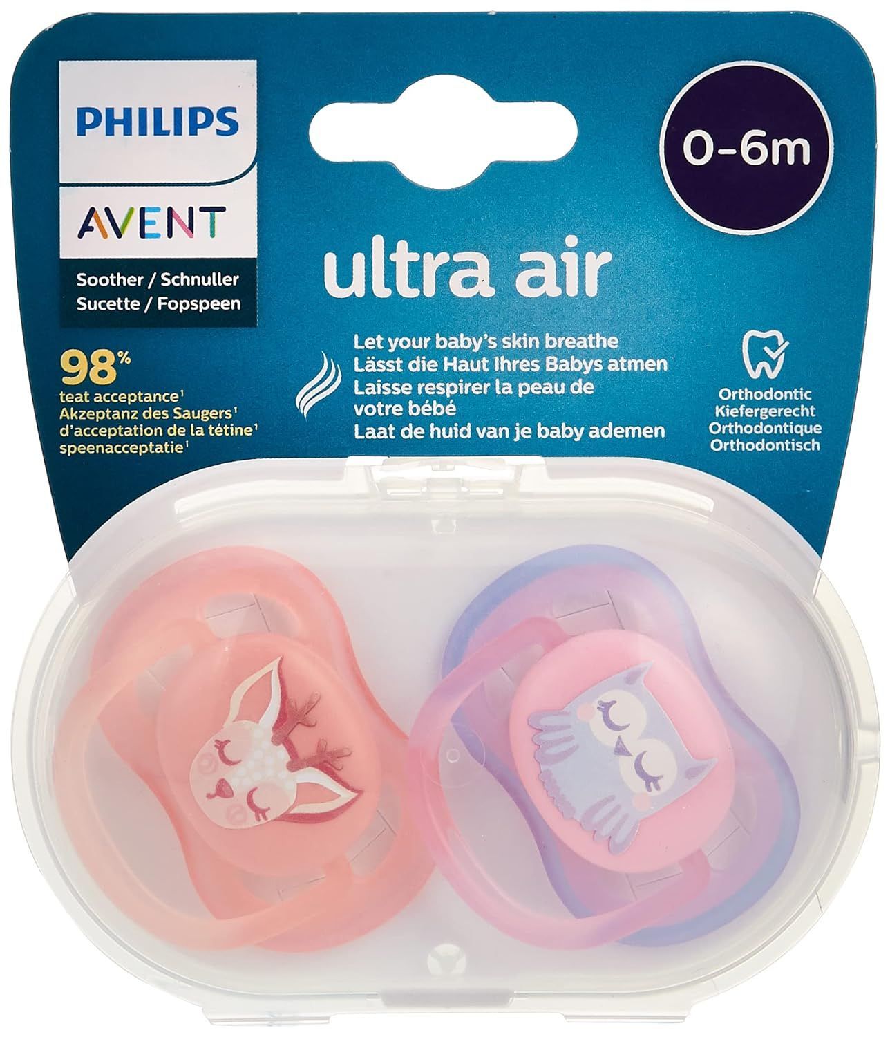 Philips Avent Ultra Air Pink & Purple Orthodonthic Soothers (0-6 Months), 2 Pieces - Makkah Pharmacy