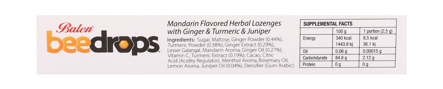 Balen Bee Drops Herbal Lozenges Mandarin Flavor with Ginger, Turmeric & Juniper Extracts, 24 Pieces - Makkah Pharmacy