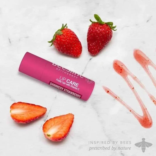 Beesline Shimmery Lip Balm Strawberry Flavor with Vitamins A, E & F for Dry & Sensitive Lips, 2 Pieces - Makkah Pharmacy