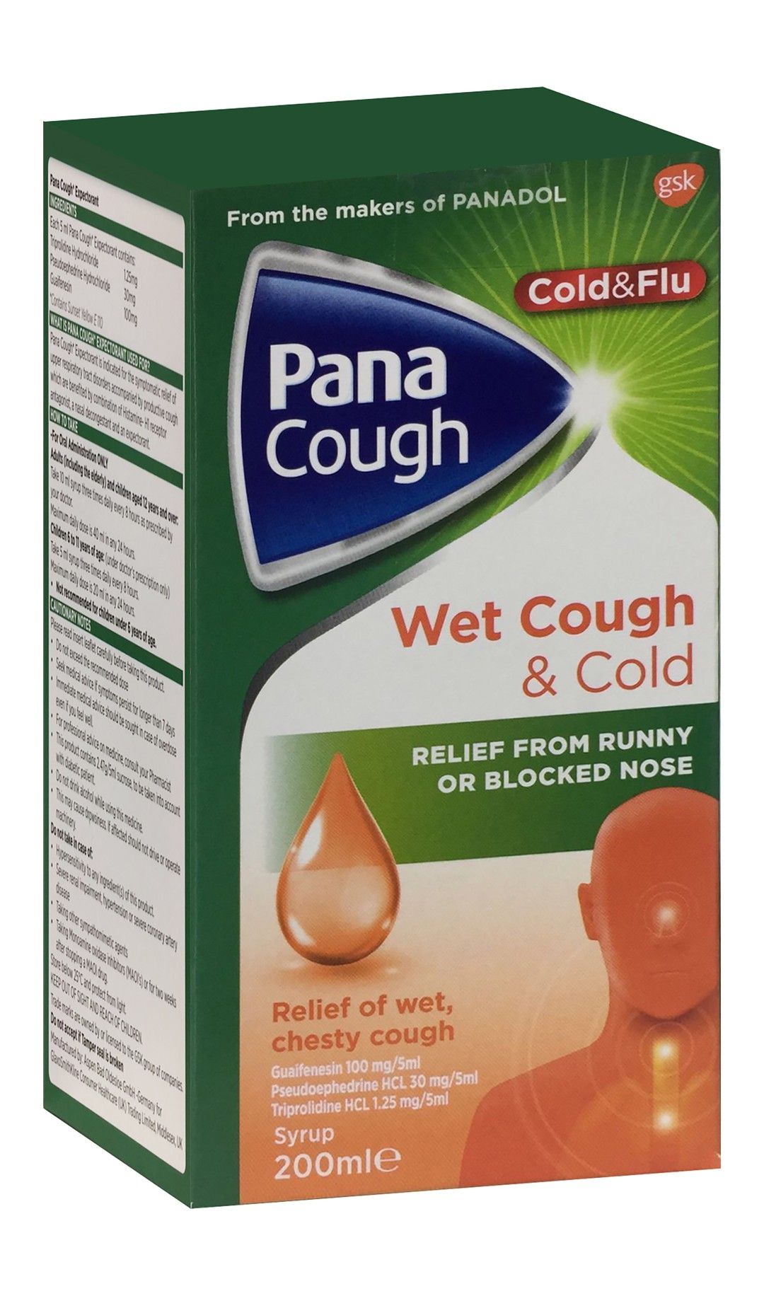 Pana Cough Cold & Flu 100mg Guaifenesin, 30mg Pseudoephedrine HCL & 1.25mg Triprolidine HCL Syrup for Blocked Nose Relief, 200ml - Makkah Pharmacy