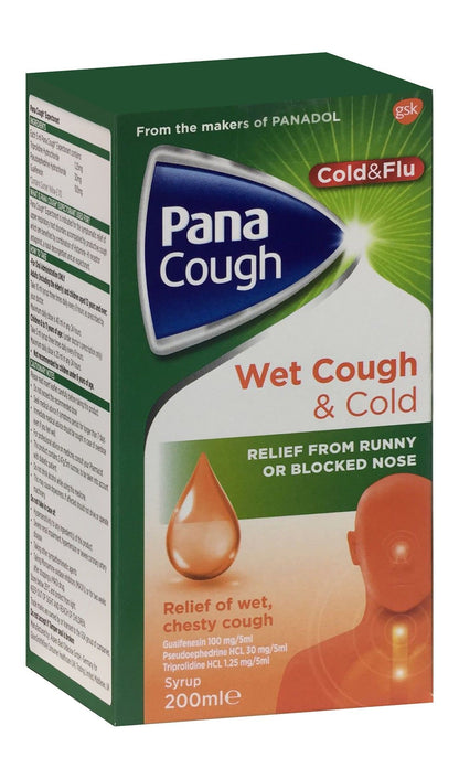 Pana Cough Cold & Flu 100mg Guaifenesin, 30mg Pseudoephedrine HCL & 1.25mg Triprolidine HCL Syrup for Blocked Nose Relief, 200ml - Makkah Pharmacy