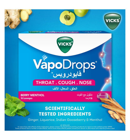 Vicks Vapo Drops Lozenges Berry & Menthol Flavor for Cough, Blocked Nose & Sore Throat, 36 Pieces - Makkah Pharmacy