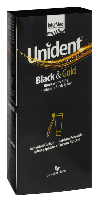 Unident Black & Gold Whitening Toothpaste Mint Flavor with Activated Carbon, Calcium Peroxide & Hydroxyapatite, 100ml - Makkah Pharmacy