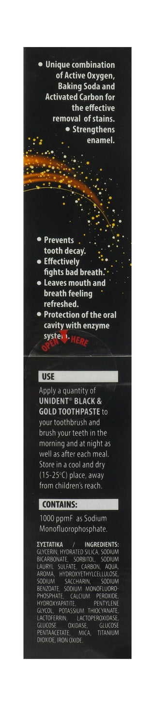 Unident Black & Gold Whitening Toothpaste Mint Flavor with Activated Carbon, Calcium Peroxide & Hydroxyapatite, 100ml - Makkah Pharmacy