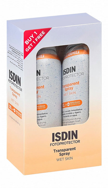 Isdin Fotoprotector Wet Skin Water-Resistant Sunscreen Spray for All Skin Types SPF50 Transparent, 2x250ml - Makkah Pharmacy