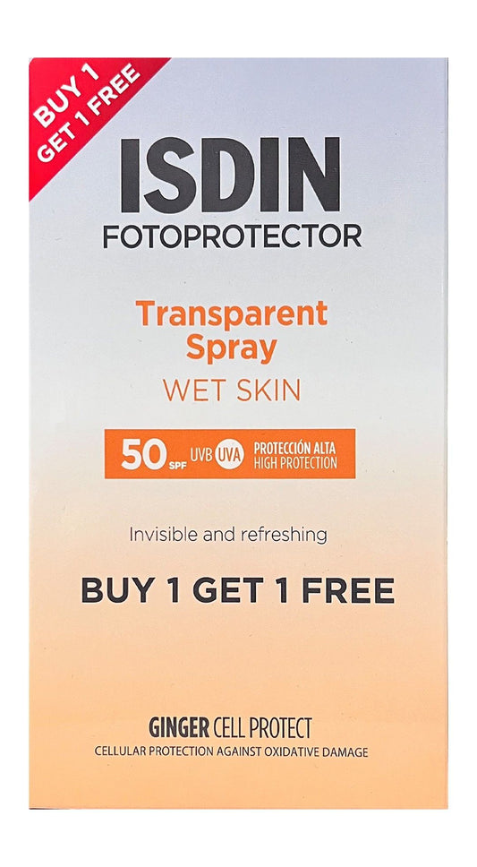 Isdin Fotoprotector Wet Skin Water-Resistant Sunscreen Spray for All Skin Types SPF50 Transparent, 2x250ml - Makkah Pharmacy