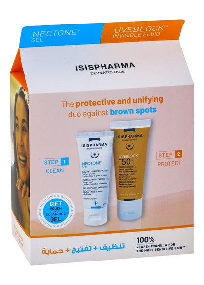 Isispharma Exfoliating & Cleansing Neotone Facial Gel (40ml) & Uveblock Invisible Facial Fluid for Sensitive Skin SPF50+ (40ml), 1 bundle - Makkah Pharmacy