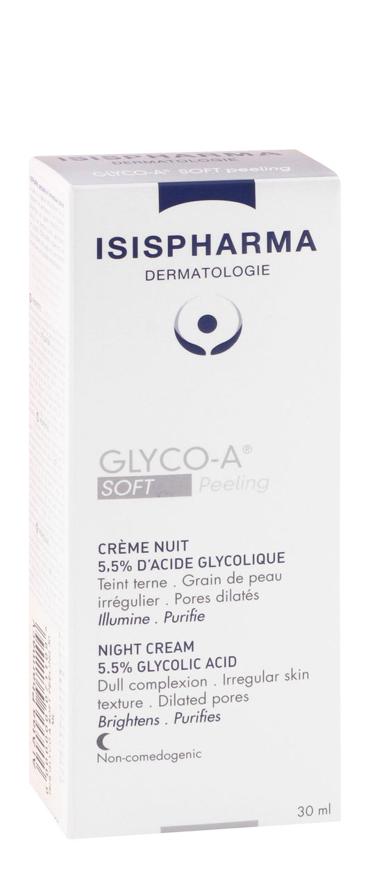 Isispharma Glyco-A Soft Peeling 5.5% Glycolic Acid Brightening & Purifying Facial Night Cream, 30ml - Makkah Pharmacy