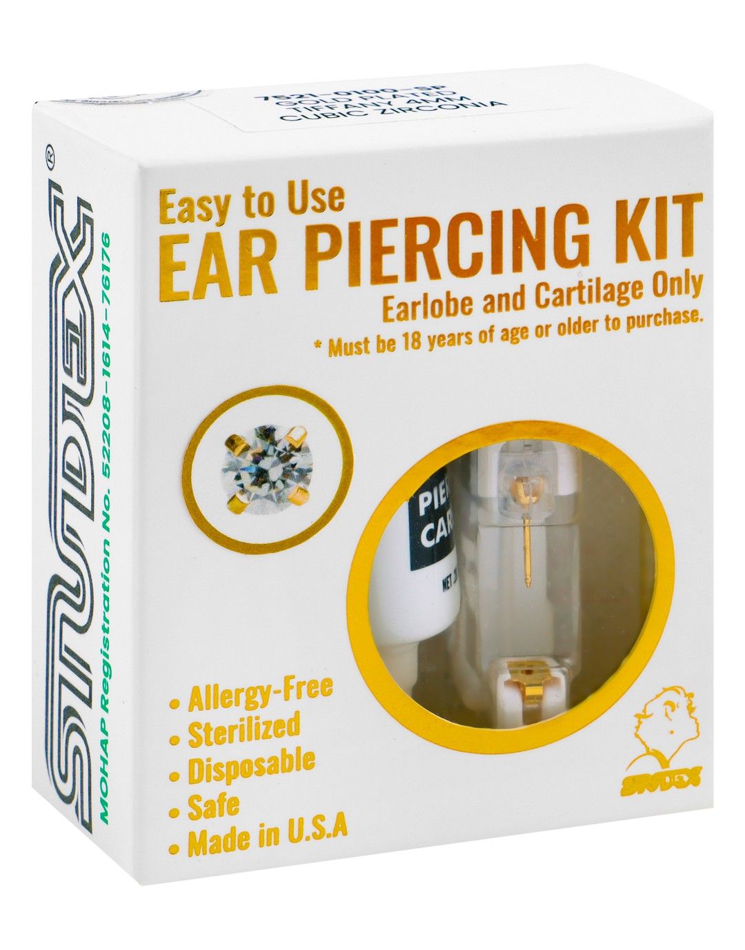 Studex Ear Piercing Kit with 4mm Cubic Zirconia Gold Plated Stud Earrings for Earlobe & Cartilage - allergy free, 1 Pieces - Makkah Pharmacy