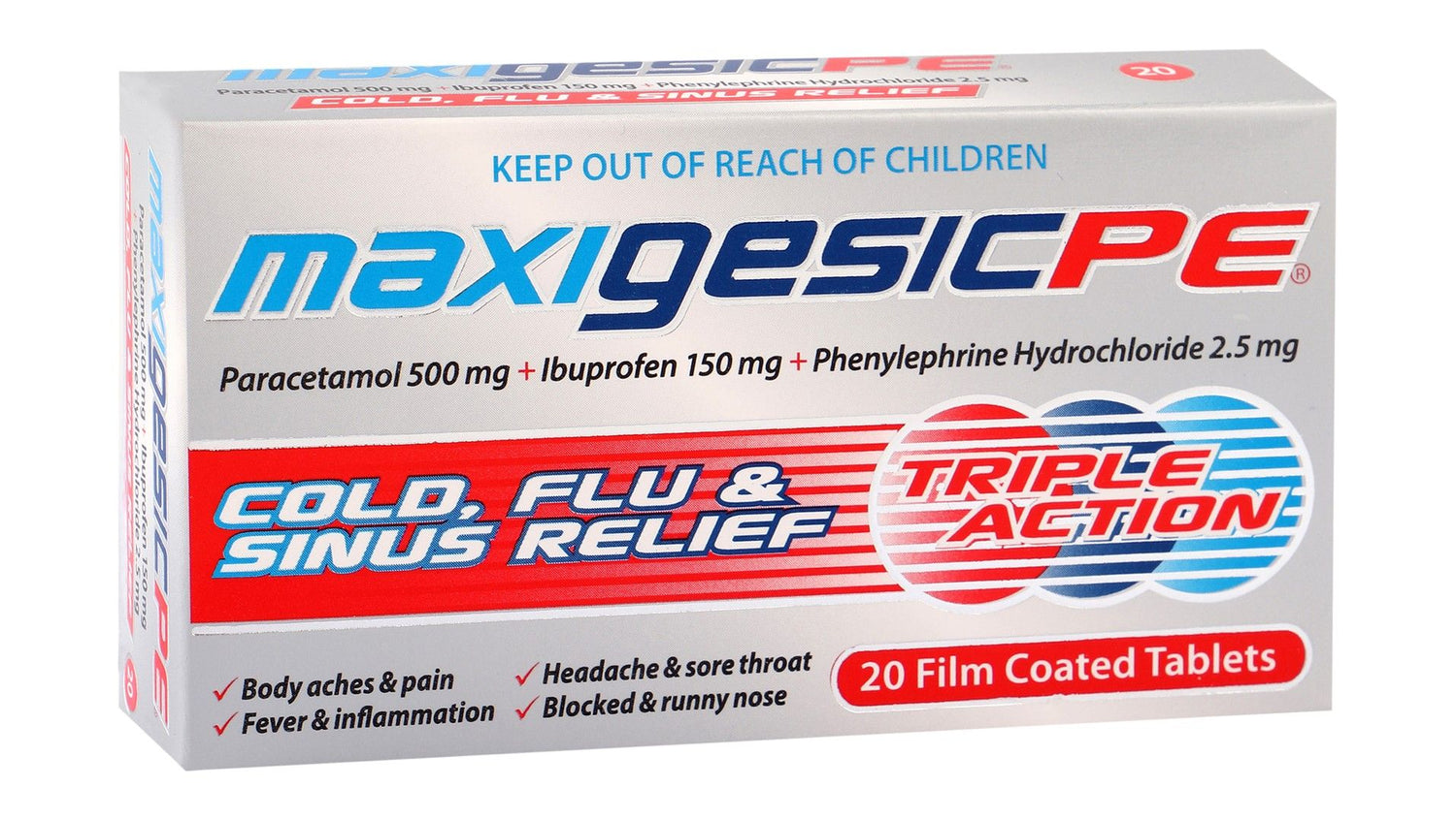 Maxigesic Pe Cold, Flu & Sinus Relief Triple Action 20 Film Coated Tablets