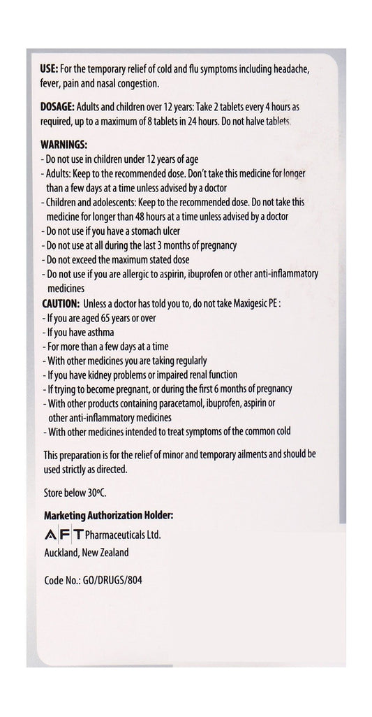 Maxigesic Pe Cold, Flu & Sinus Relief Triple Action 20 Film Coated Tablets