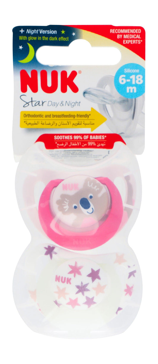 Nuk Star Silicone Soother Day & Night, 6-18M Assorted - Makkah Pharmacy