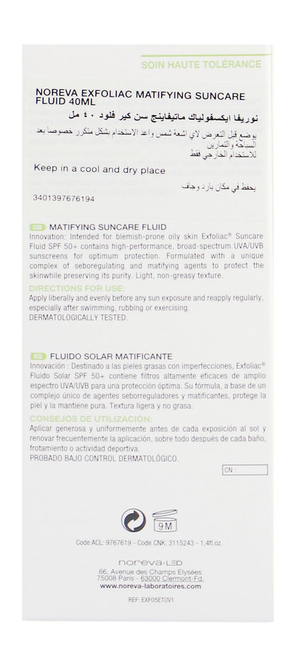 Noreva Exfoliac Non-Greasy Mattifying Sunscreen for Blemish-Prone & Oily Skin SPF50+, 40ml - Makkah Pharmacy