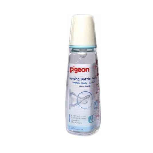 Pigeon White & Blue 240ml Medium Flow Glass Feeding Bottle (4-5 Months), 1 Piece - Makkah Pharmacy