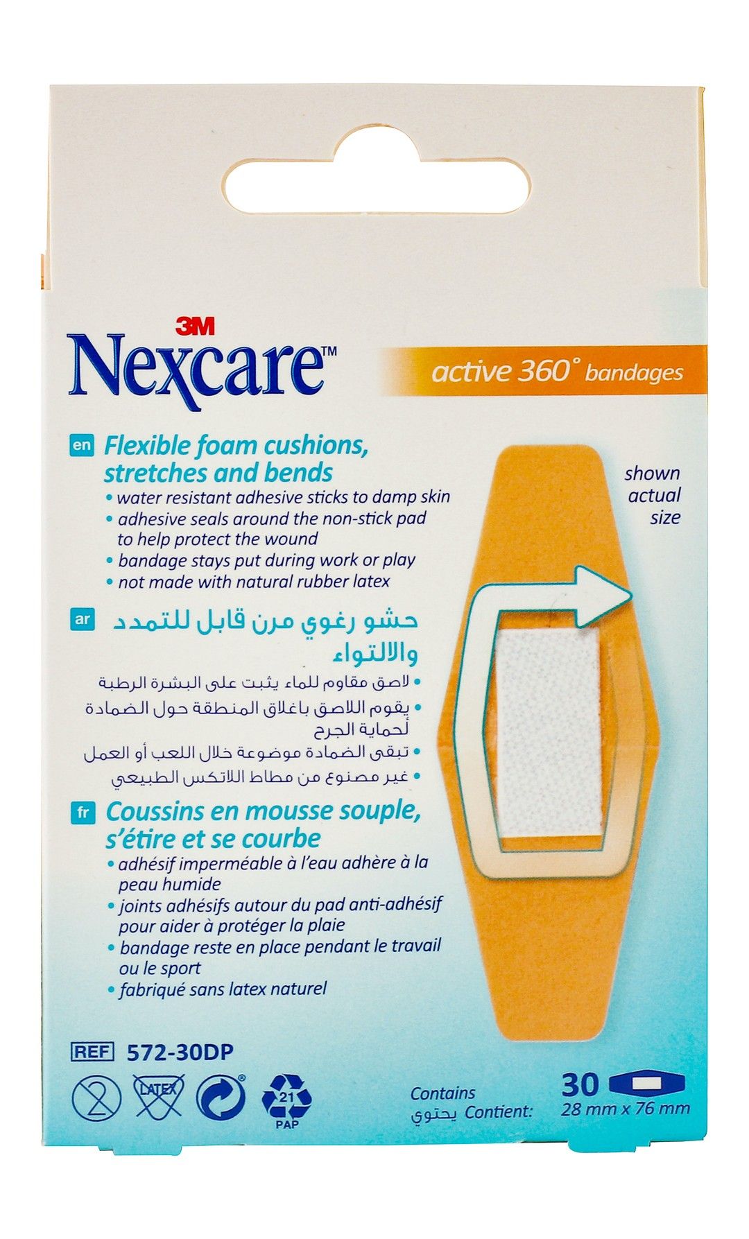 Nexcare Water-Resistant Active 360 Degree Cushion Plasters (28x76mm), 30 Pieces - Makkah Pharmacy