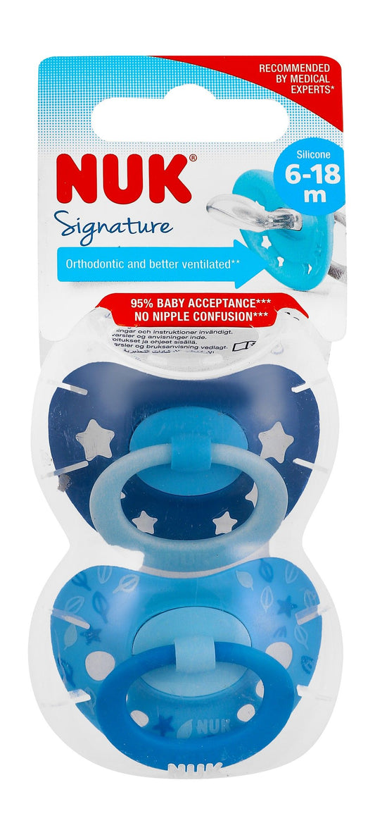 Nuk Signature Light & Dark Blue Silicone Soothers (6-18 Months), 2 Pieces - Makkah Pharmacy