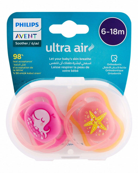 Philips Avent Ultra Air Pink Orthodontic Soothers (6-18 Months), 2 Pieces - Makkah Pharmacy