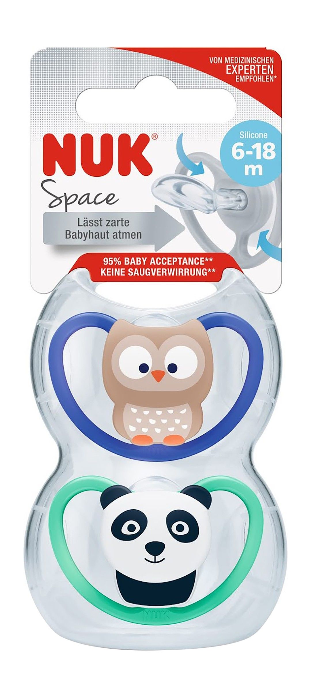 Nuk Space Owl & Panda Print Silicone Soothers (6-18 Months), 2 Pieces - Makkah Pharmacy