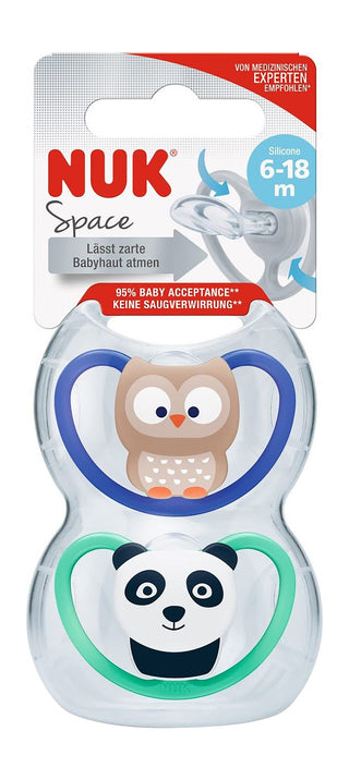 Nuk Space Owl & Panda Print Silicone Soothers (6-18 Months), 2 Pieces - Makkah Pharmacy