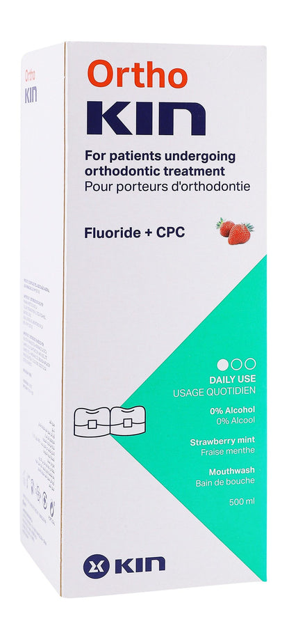 Kin Ortho Mouthwash Strawberry Mint Flavor with Fluoride & CPC, 500ml - Makkah Pharmacy