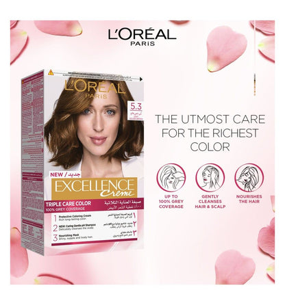 L'Oreal Excellence Triple Care Hair Color Cream Light Golden Brown 5.3, 1 Pack - Makkah Pharmacy