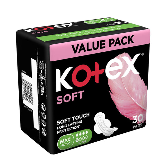 Kotex Soft Super Maxi Protect Sanitary Pads Value Pack, 30 Pieces