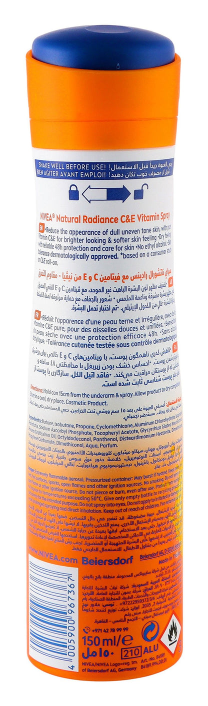 Nivea Anti-Perspirant Natural Radiance Vitamin C & E Female Deo Spray, 150ml - Makkah Pharmacy