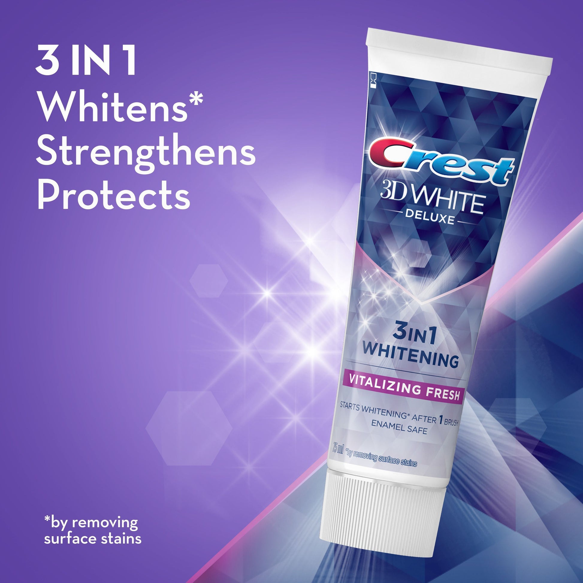 Crest 3D White Deluxe 3in1 Vitalizing Fresh Enamel Safe Whitening Toothpaste, 75ml - Makkah Pharmacy