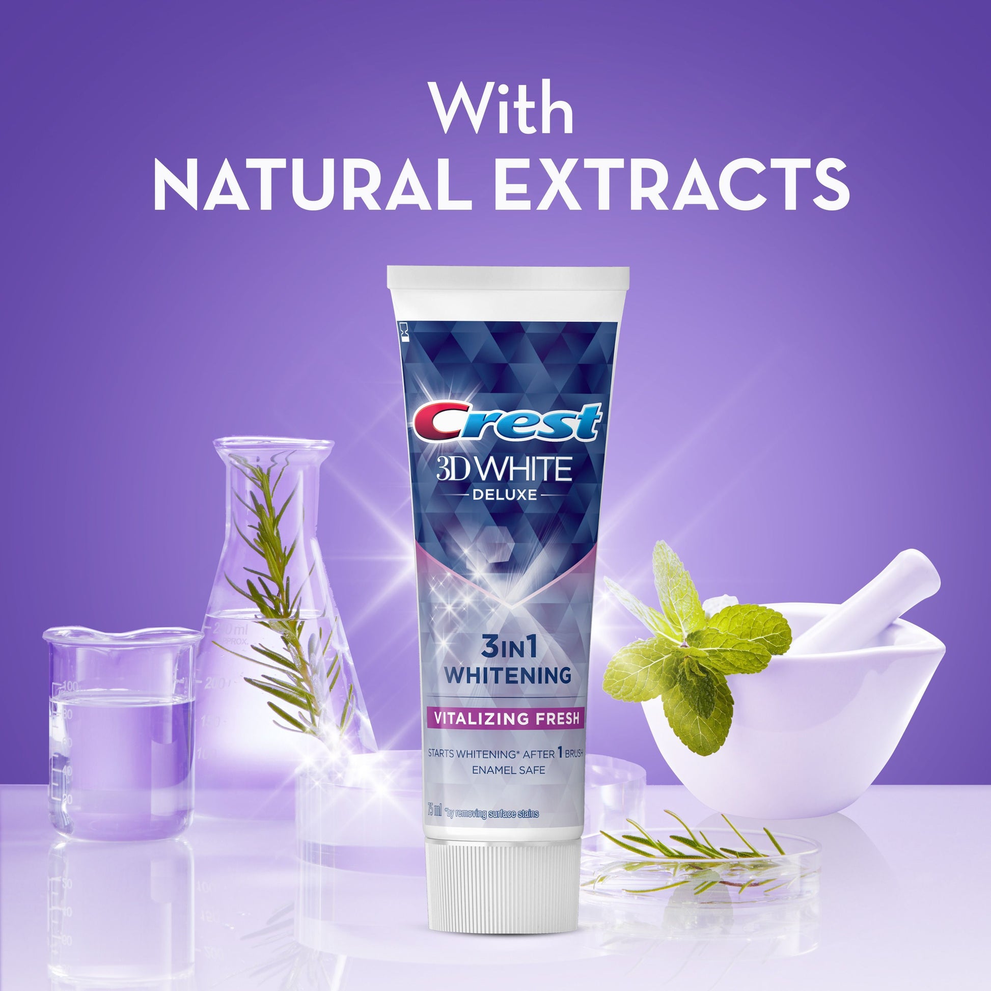 Crest 3D White Deluxe 3in1 Vitalizing Fresh Enamel Safe Whitening Toothpaste, 75ml - Makkah Pharmacy