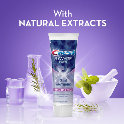 Crest 3D White Deluxe 3in1 Vitalizing Fresh Enamel Safe Whitening Toothpaste, 75ml - Makkah Pharmacy