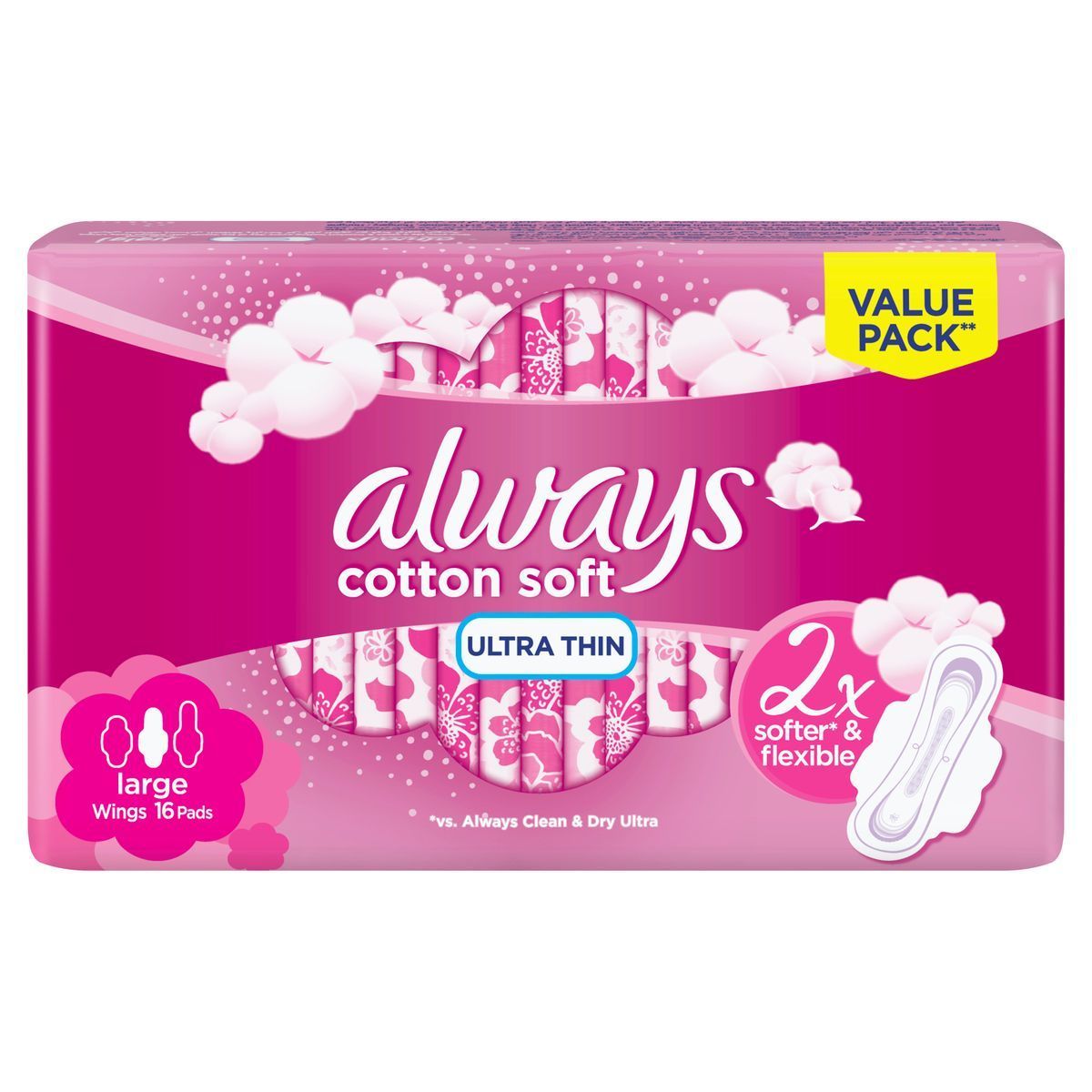 Always Ultra Thin Cottony Soft Sanitary Pads Large With Wings, 16  Pads - Makkah Pharmacy