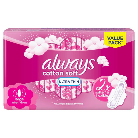 Always Ultra Thin Cottony Soft Sanitary Pads Large With Wings, 16  Pads - Makkah Pharmacy