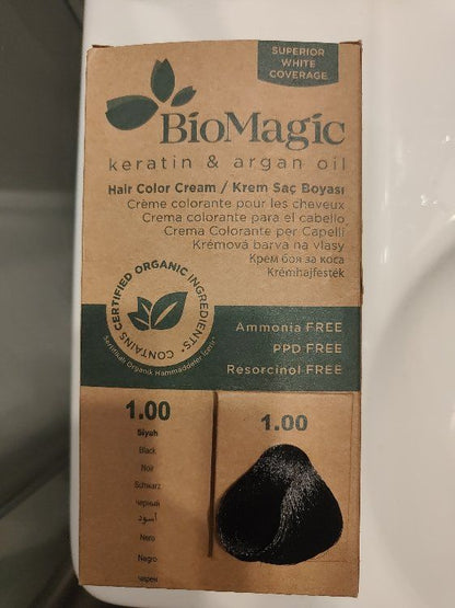 BioMagic Organic Hair Color Cream with Keratin & Argan Oil Black 1.00, 1 Pack - Makkah Pharmacy