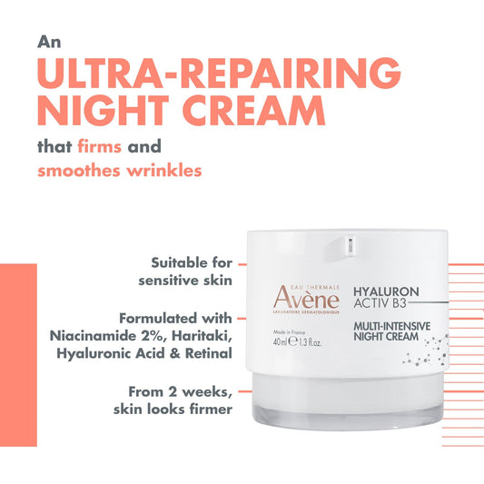 Avene Hyaluron Activ B3 Repairing, Firming & Anti-Wrinkle Facial Night Cream with Niacinamide, Retinal & Haritaki Extract, 40ml - Makkah Pharmacy