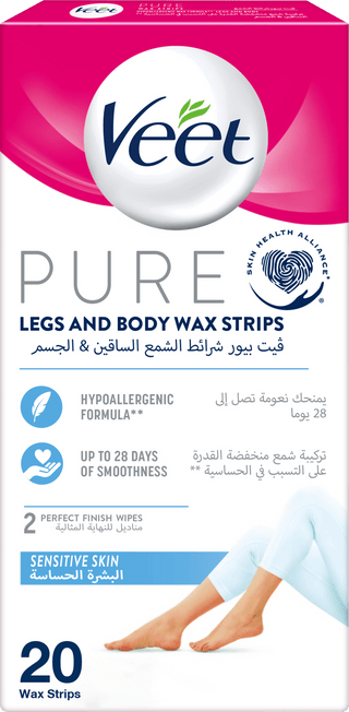 Veet Hair Removal Wax Strips for Sensitive Skin Legs & Body, 20 Strips - Makkah Pharmacy