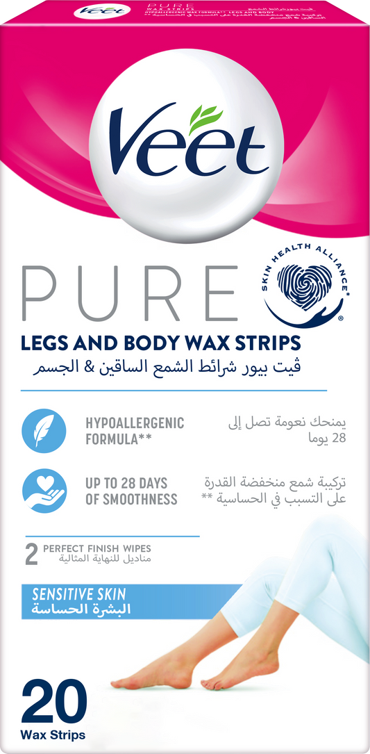 Veet Hair Removal Wax Strips for Sensitive Skin Legs & Body, 20 Strips - Makkah Pharmacy