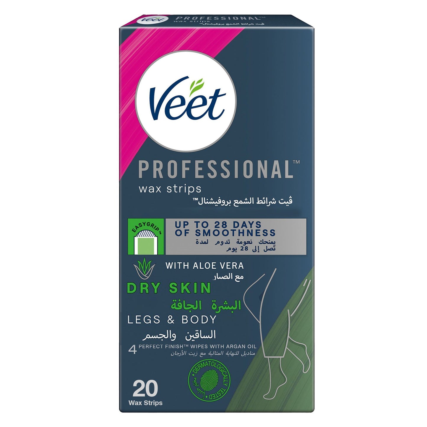 Veet Professional Hair Removal Wax Strips for Dry Skin Legs & Body, 20 Strips - Makkah Pharmacy