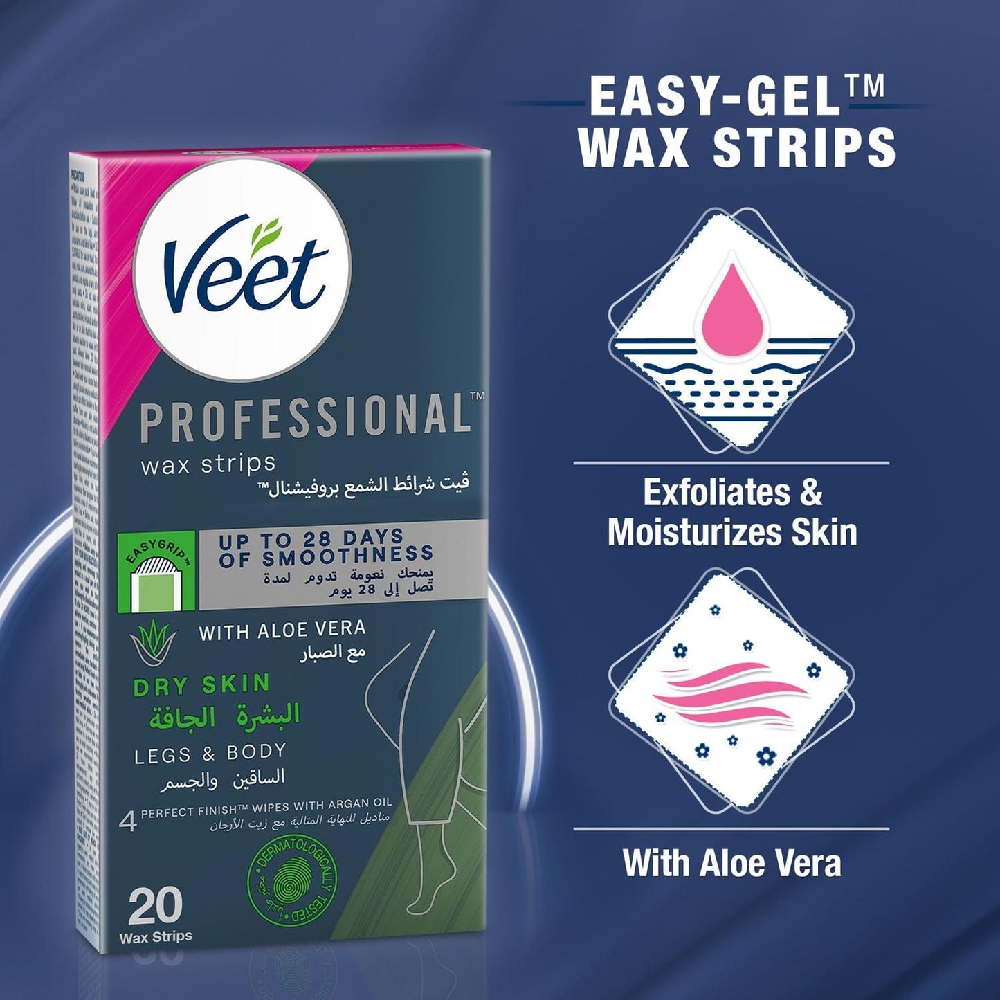 Veet Professional Hair Removal Wax Strips for Dry Skin Legs & Body, 20 Strips - Makkah Pharmacy